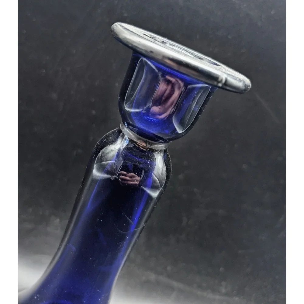 Vintage Cobalt Blue Glass Candlestick Holder Silver Overlay Floral Trumpet 8in